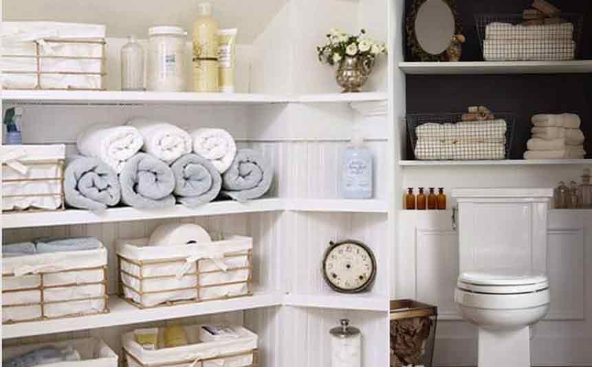 Organized tiny house bathroom with shelves and baskets