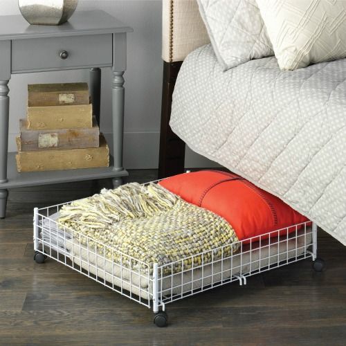 Woven baskets and storage bins used for hidden storage under bed and shelves