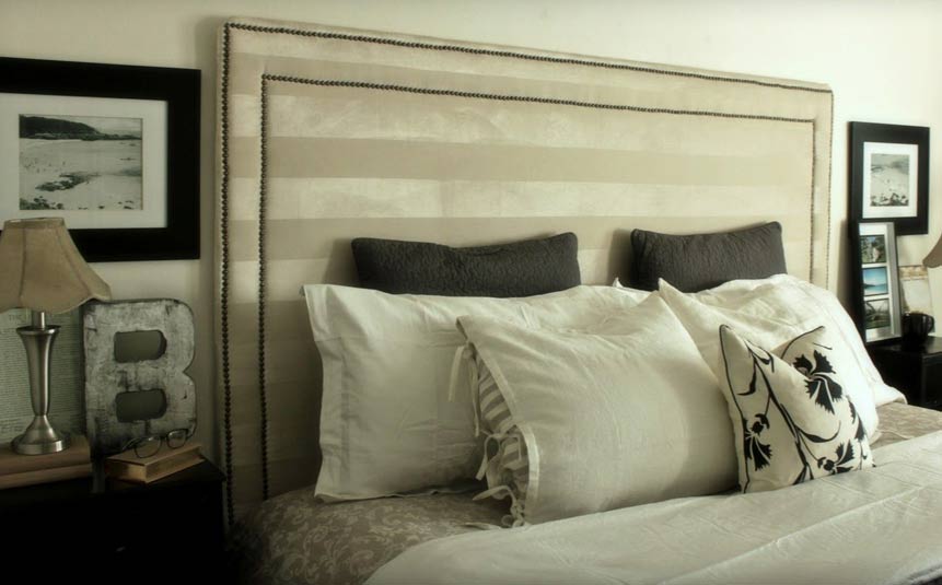 DIY upholstered headboard with neutral fabric