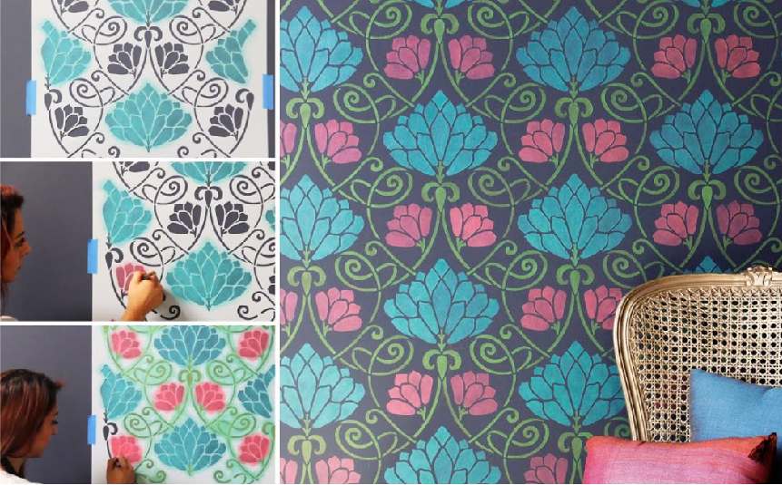 Living room accent wall with DIY painted stencil pattern