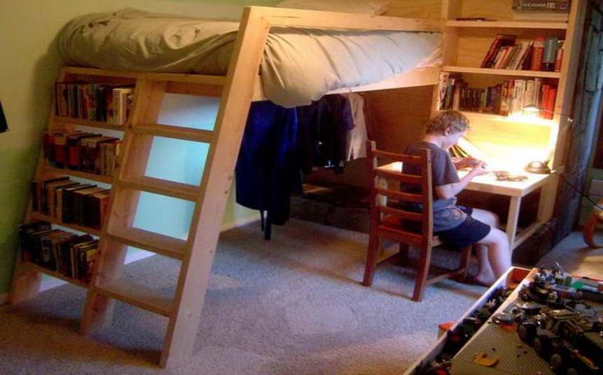 Lofted bed with built-in storage in a tiny home
