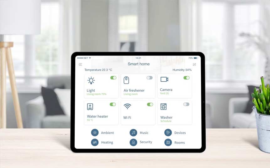 Smart home hub placed on a desk controlling multiple devices
