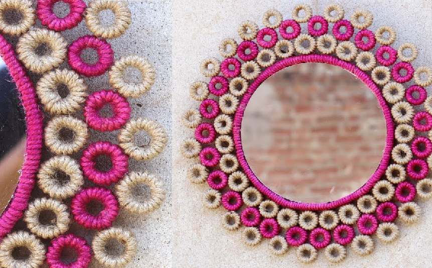 Stylish DIY decorative mirror with a handmade frame hanging on wall