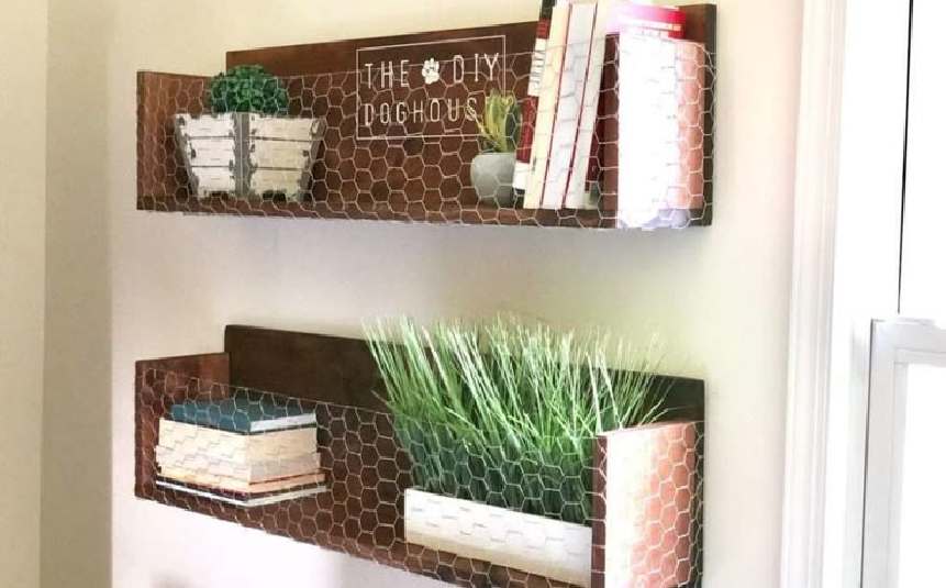 Wall with DIY floating wooden shelves decorated with plants and books