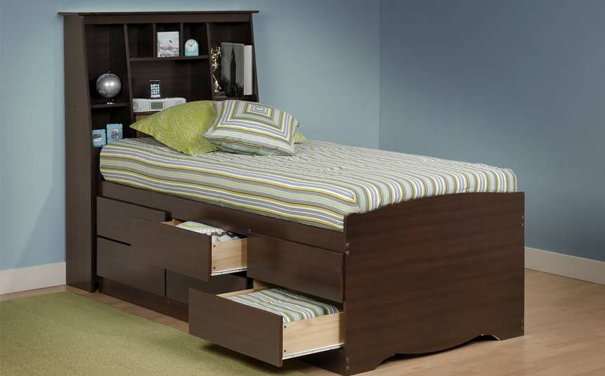Wooden bed with storage drawers underneath
